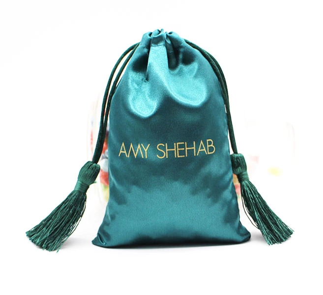 Private label plastic hair wig packing bag,custom logo soft fabric glossy silk stain packaging bag with drawstring for jewelry