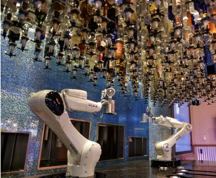 Robot bartender serves drinks at bar in Las Vegas