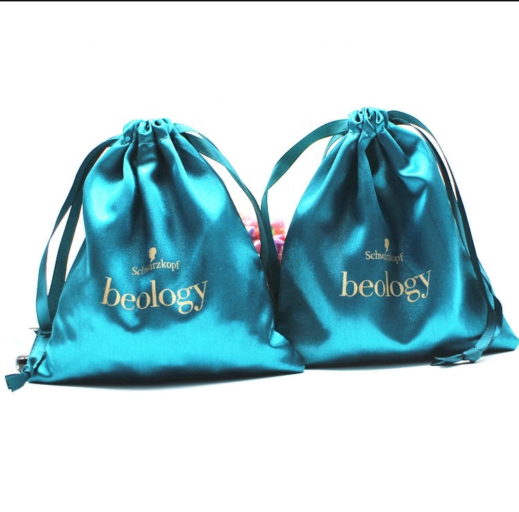 Custom Luxury Black Thick Silk Satin Drawstring Bundle Dust Hair Extension Bag with Logo Printing