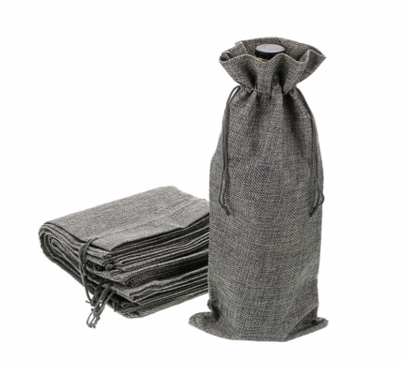 Reusable Washable Jute Wine Bottle Bags Drawstring Bag Gray Burlap Gift Bag